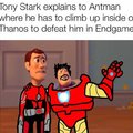 Tony Stark explains to Antman where he has to climb up inside of Thanos to defeat him in Endgame
