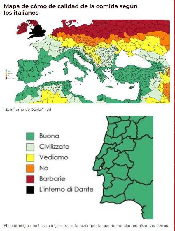 Mapa de la calidad de la comida por países según los italianos - meme