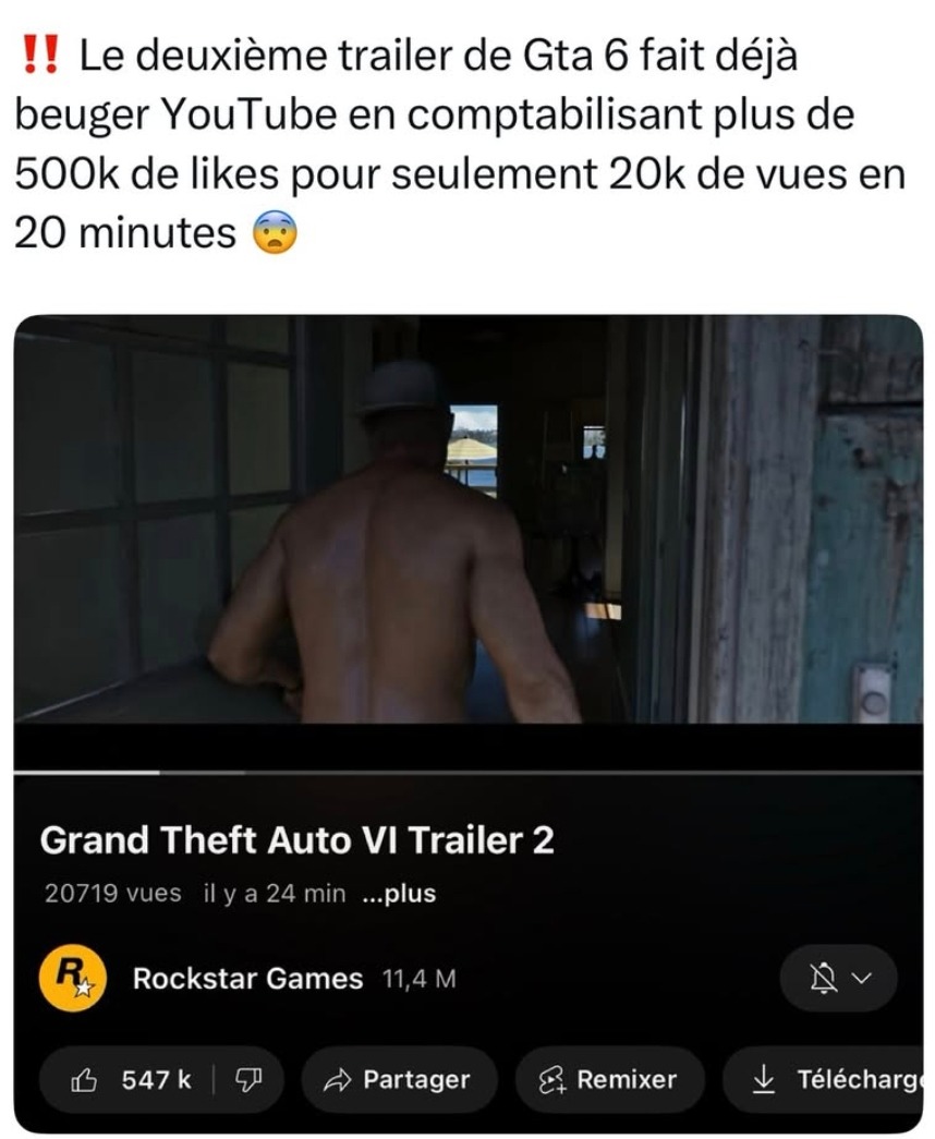GTA 6 trailer qui fait déjà crasher YouTube, meme puissance