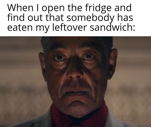 When I open the fridge and find out that somebody has eaten my leftover sandwich - meme