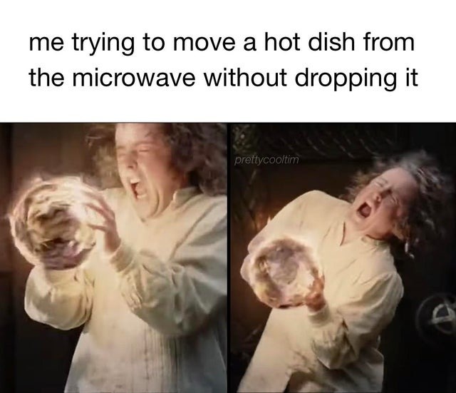 Me trying to move a hot dish from the microwave without dropping it - meme