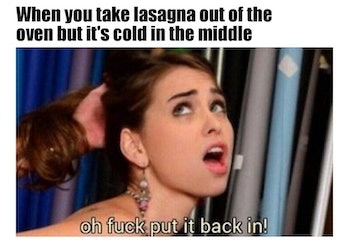 Cold lasagna sucks - meme