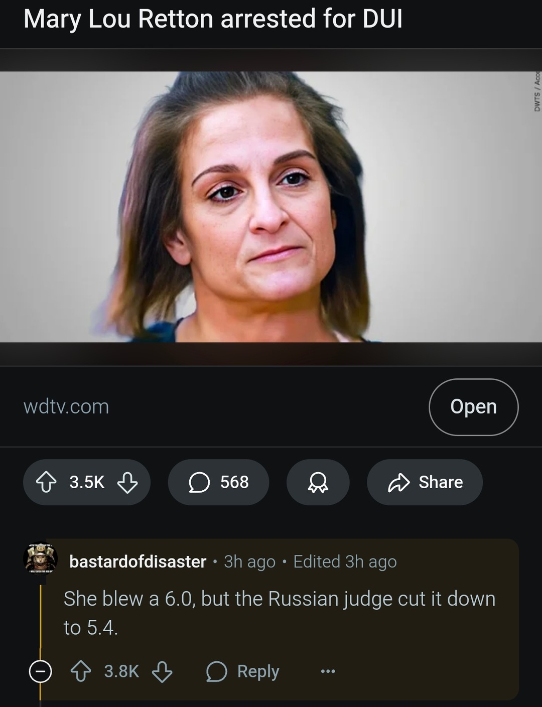 Mary Lou blew a 6.0 but the Russian judge gave her a 5.4 - meme