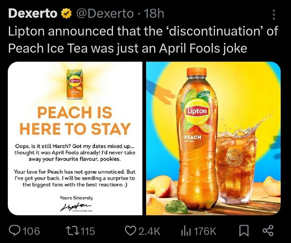 Lipton tricks us with Peach Ice Tea April Fools joke... wait, it’s not April? - meme