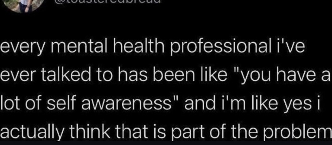 Therapists: you’re very self-aware. Me: and that’s the issue - meme