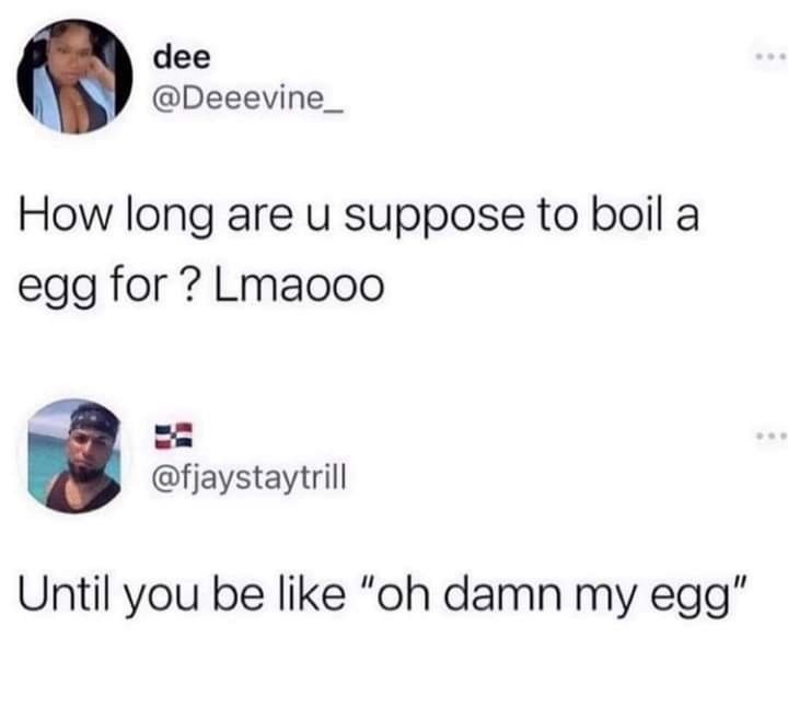 Boil the egg until you say oh damn, my egg - meme
