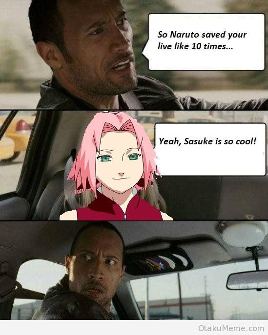"Donc Naruto t'a sauvé genre 10 fois...-Ouais, Sasuke est tellement cool!" - meme
