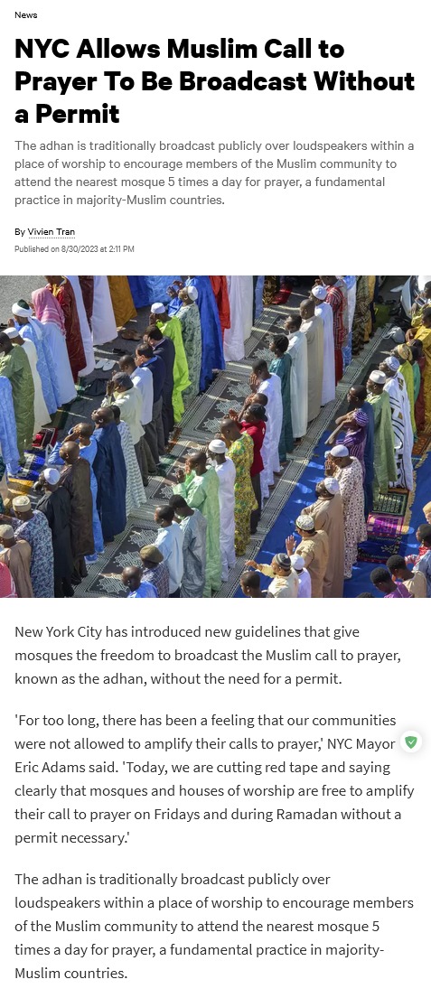 NYC Allows Muslim Call to Prayer To Be Broadcast Without a Permit - meme