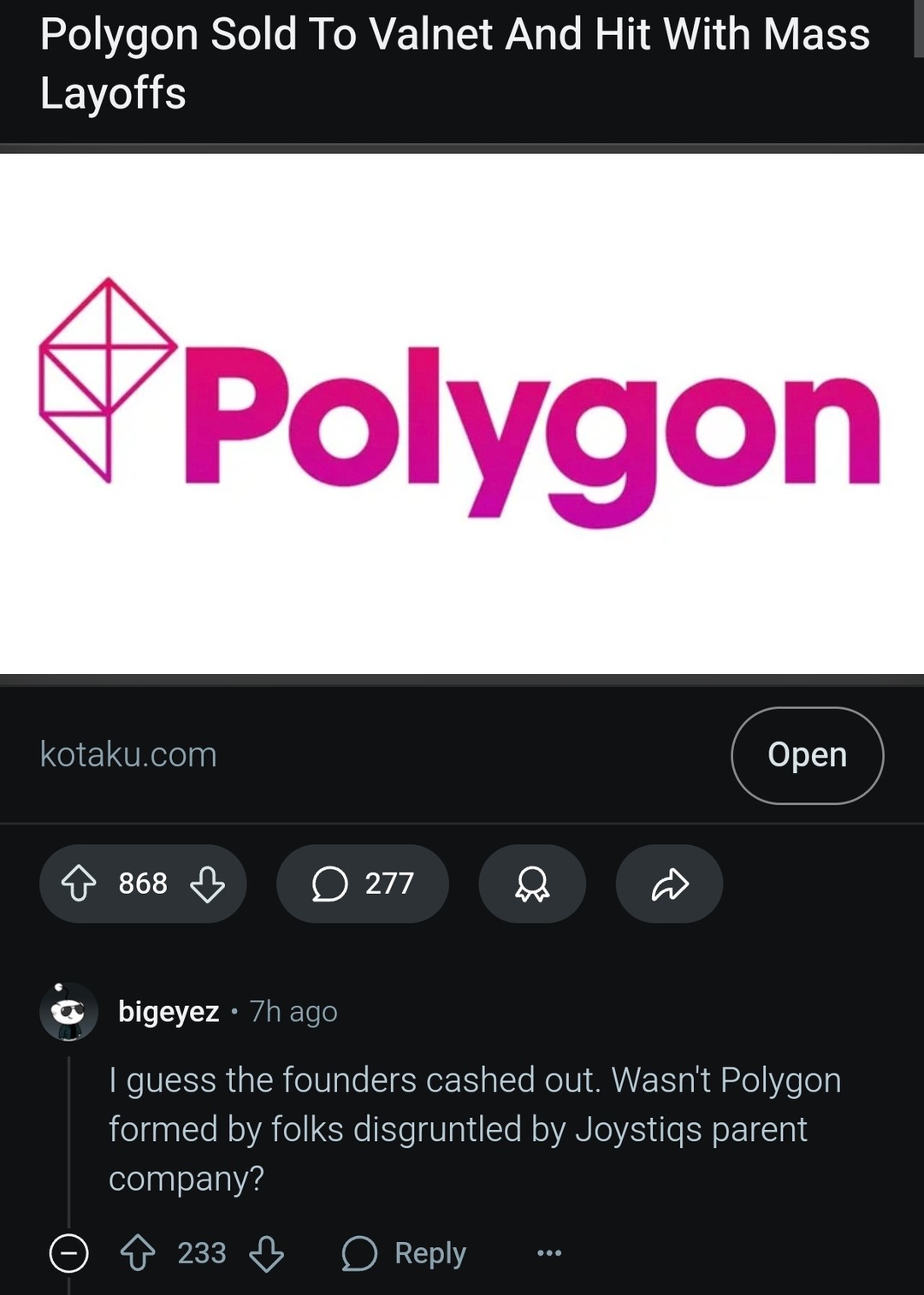 Polygon got sold and laid off half the staff in the same breath - meme