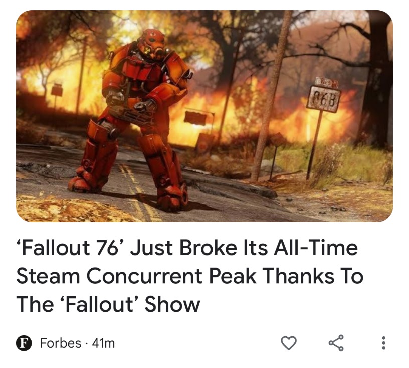 Fallout 76 is blowing up on Steam with all the buzz around the Fallout TV show - meme