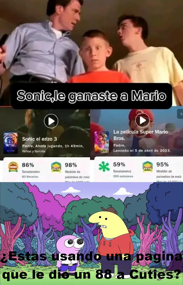 Es curioso que los fans de Cuties le dieron un 59 a la peli de Mario pero un 86 a la copia de Alvin y las ardillas 3 - meme