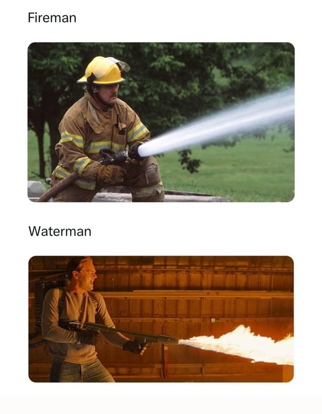 Fireman meets Waterman: battle of the elements - meme