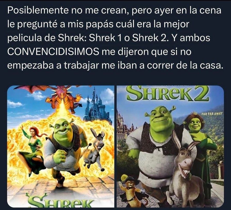 Qué película es mejor Shrek 1 o Sherk 2 - meme
