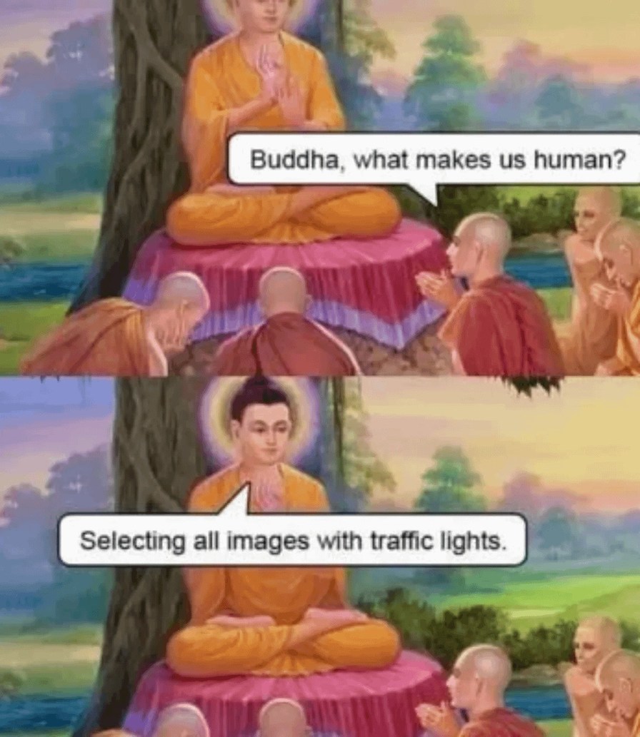Buddha: 'What makes us human?' Me: Selecting all images with traffic lights. - meme