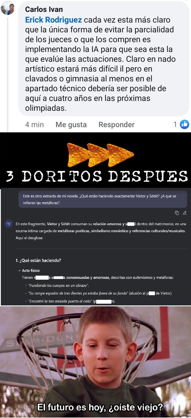 Veo más plausible usar IA para evaluar literatura, pintura, escultura y arquitectura que para evaluar obras dancísticas. En mi caso, usé DeepSeek para evaluar un pasaje de mi primer libro. - meme