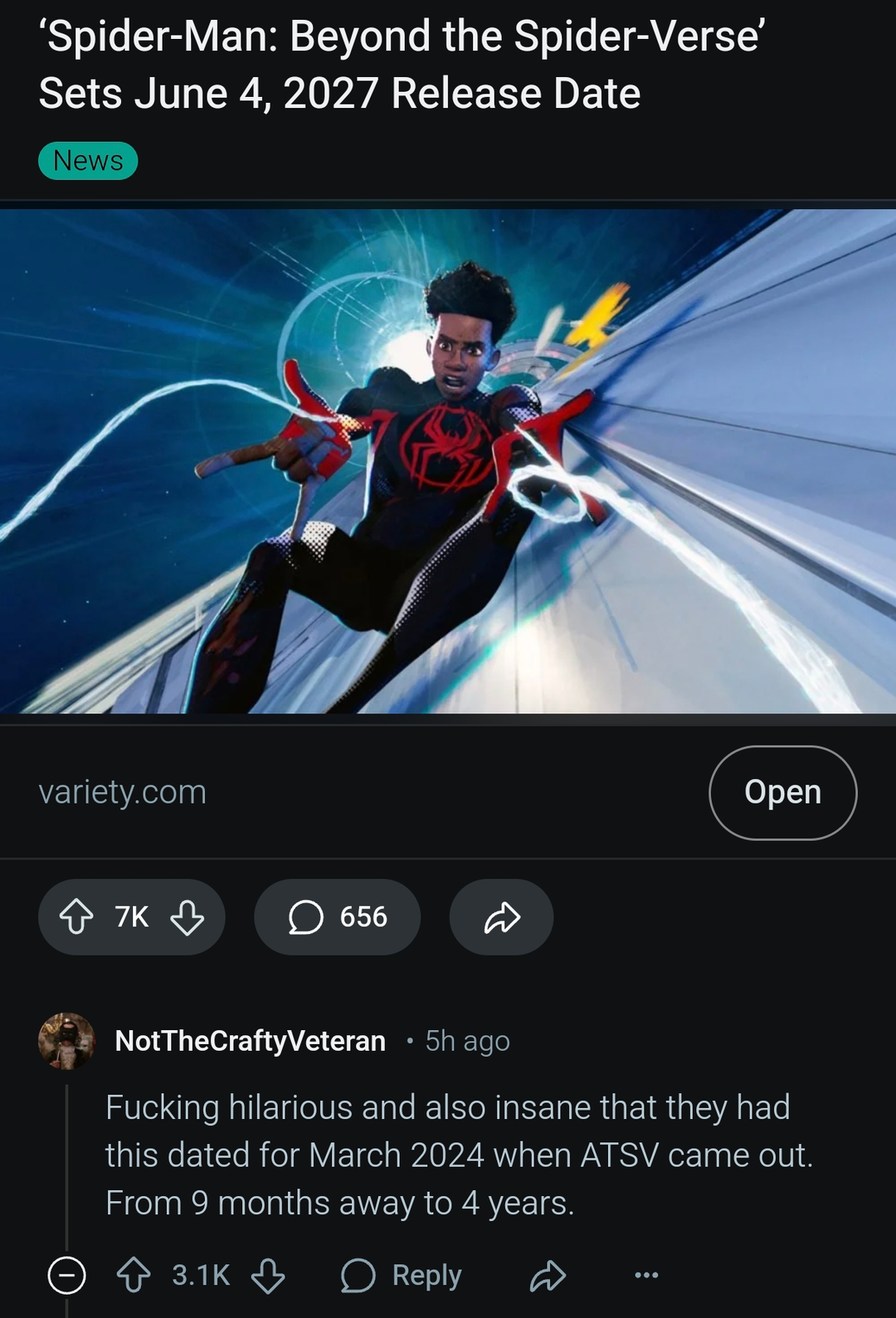 Spider-Verse release delayed from 2024 to 2027 like it’s nothing - meme
