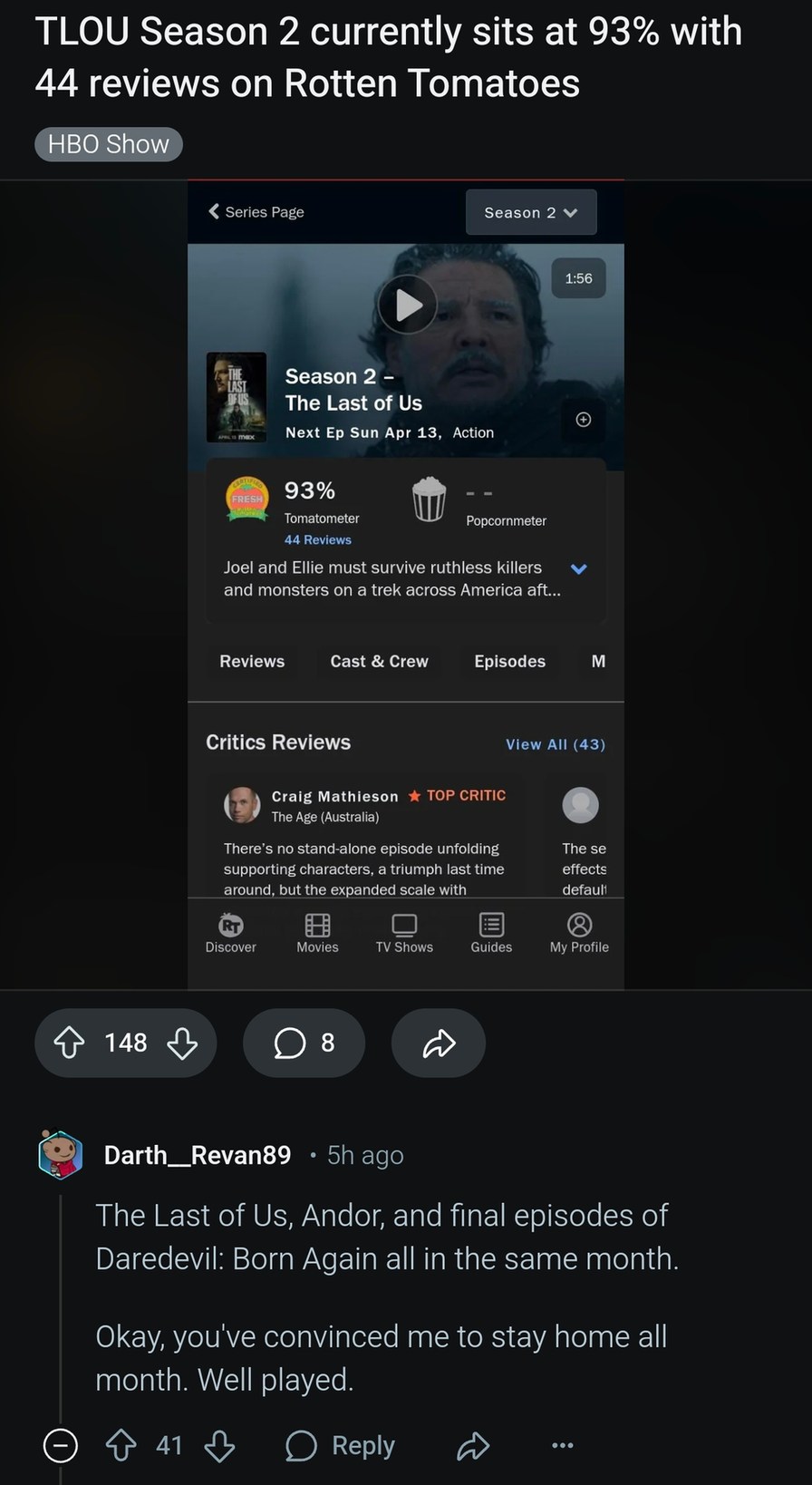 Rotten Tomatoes gave it 93% and a reason to stay indoors - meme