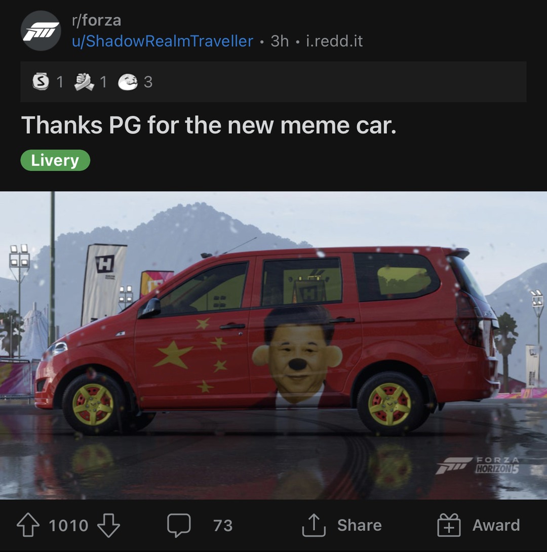 Forza releases useless Chinese mini van. Community immediately uses it for good messaging. - meme