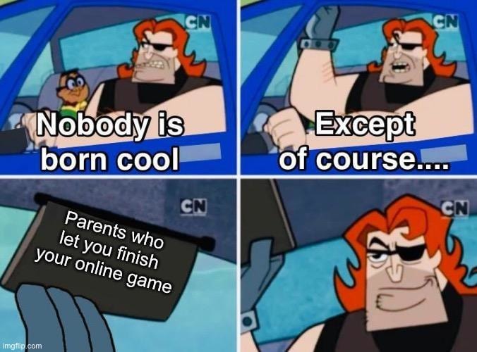 Nobody is born cool… except the parent who lets you finish the game - meme