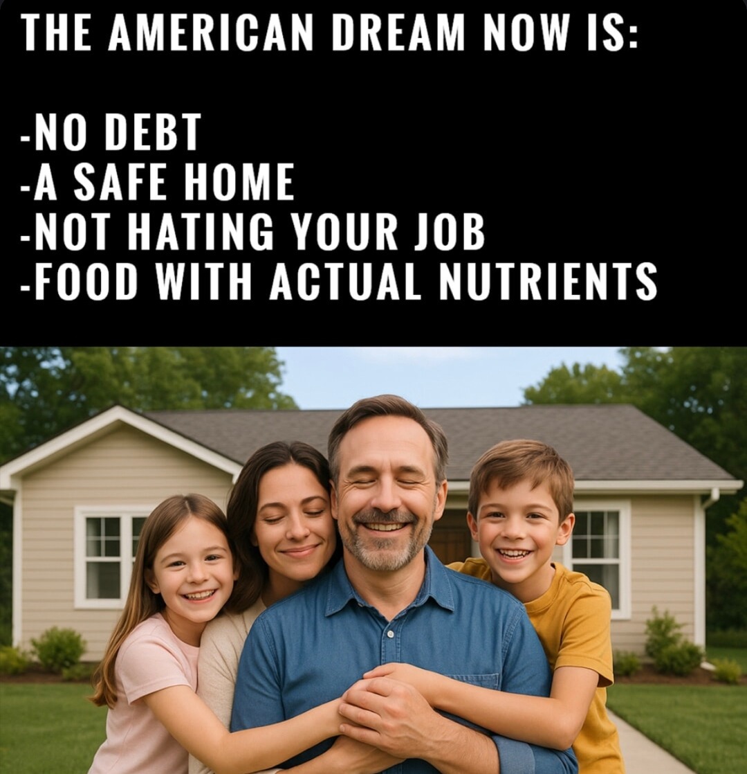 ﻿THE AMERICAN DREAM NOW IS: -NO DEBT -A SAFE HOME -NOT HATING YOUR JOB -FOOD WITH ACTUAL NUTRIENTS
