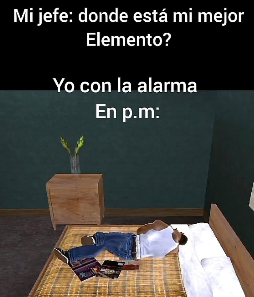 Mi jefe buscando al crack del equipo y yo roncando con la alarma sonando - meme