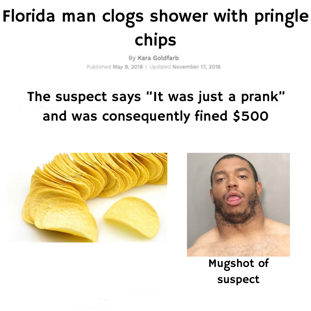 Florida man clogs shower with pringle chips - meme