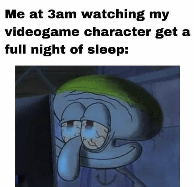 watching my game character sleep while I rot at 3am - meme