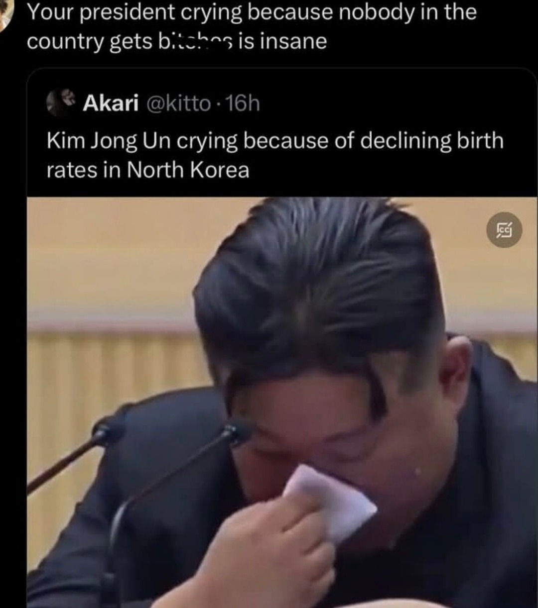 Kim Jong Un crying cause nobody's making babies like it's a K-drama - meme