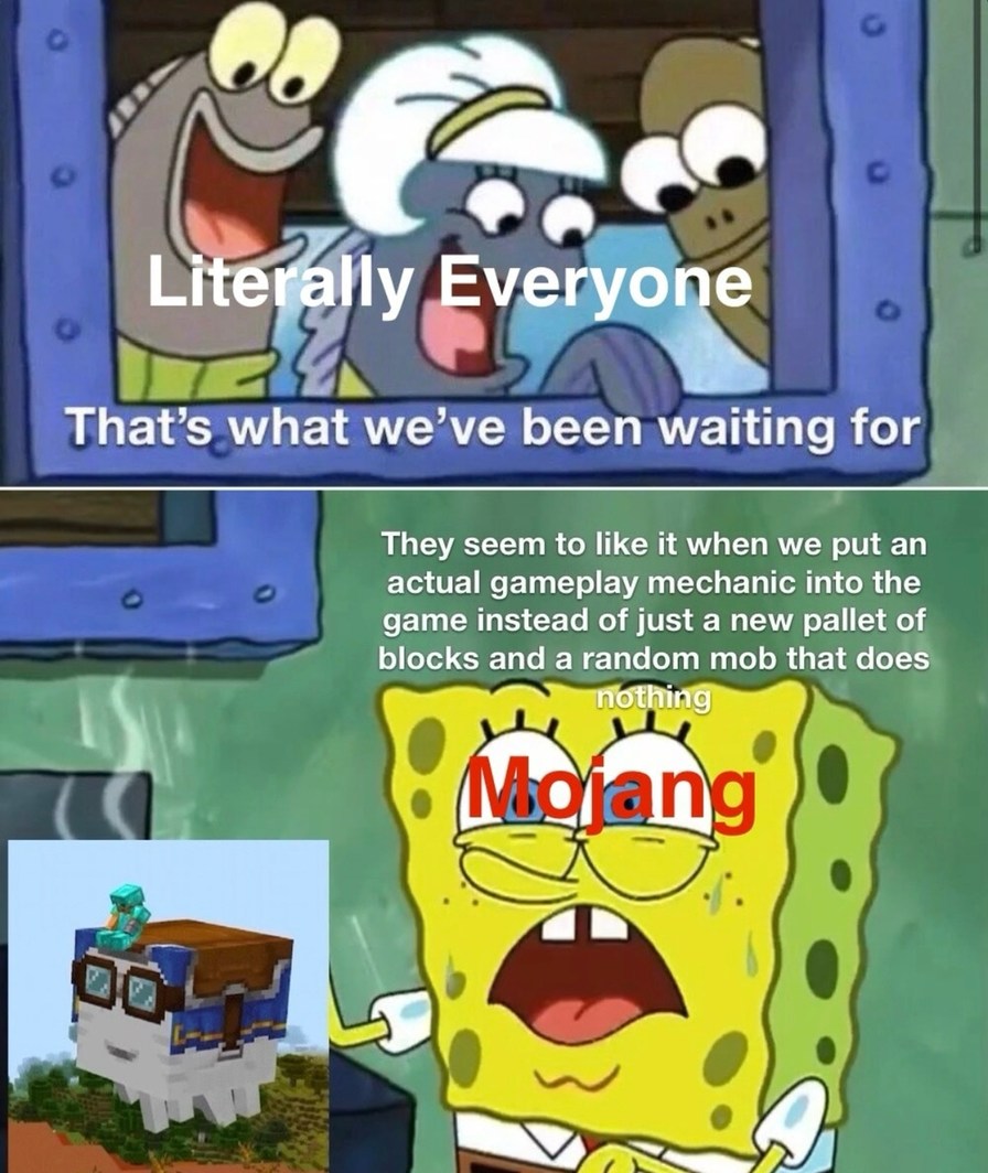 Everyone gets hyped when we finally add a real gameplay mechanic instead of a new block and a useless mob - meme