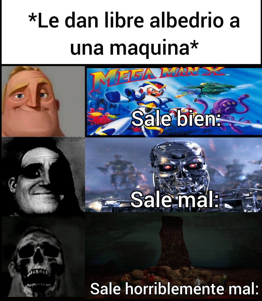 Contexto: El ultima imagen es A.M. una supercomputadora del cuento No Tengo Boca Y Debo Gritar la cual destruye a la humanidad y esclaviza a 5 sobrevivientes haciendolos inmortales y torturandolos por mas de 100 años. - meme