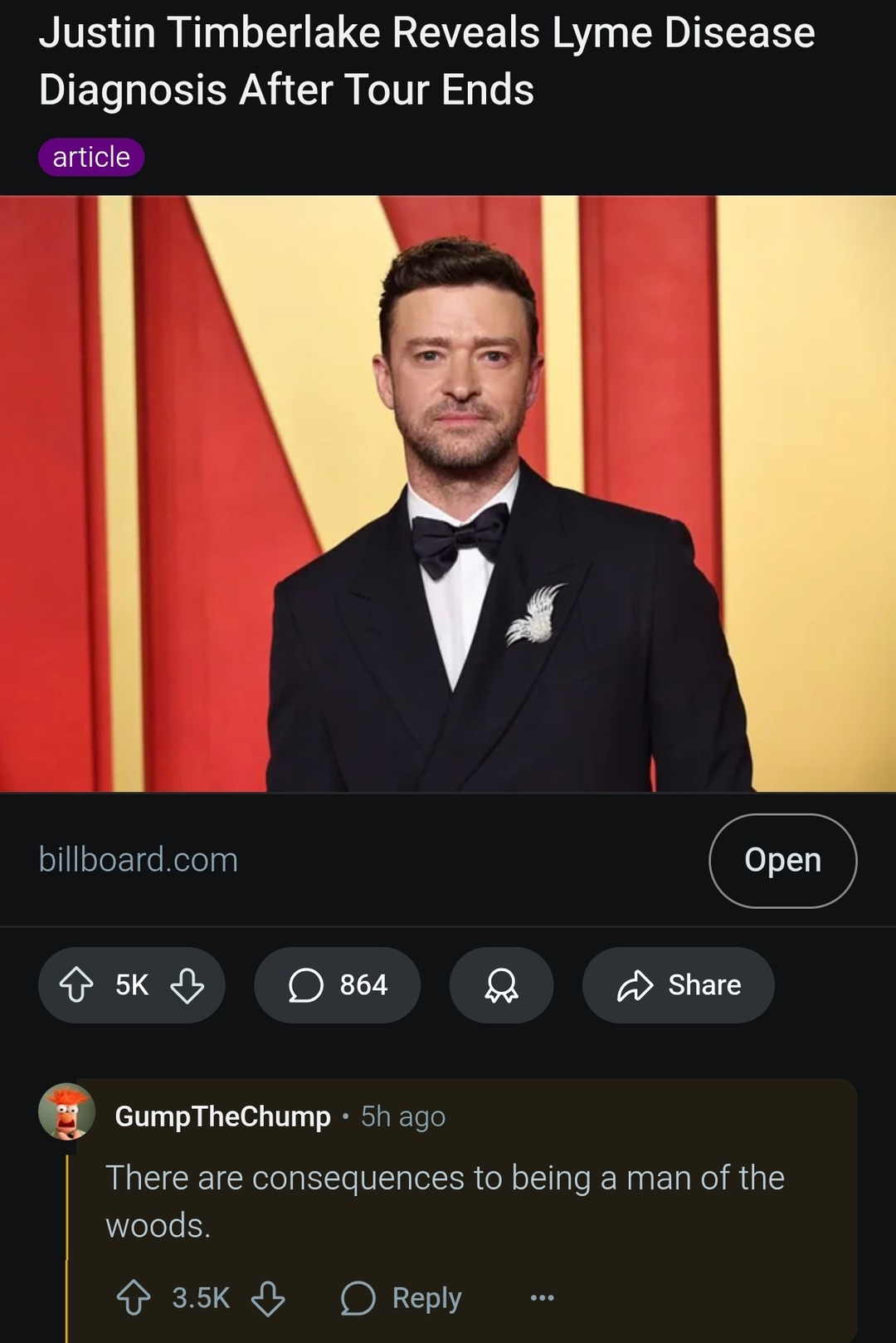 Justin Timberlake shares Lyme disease diagnosis after tour - meme