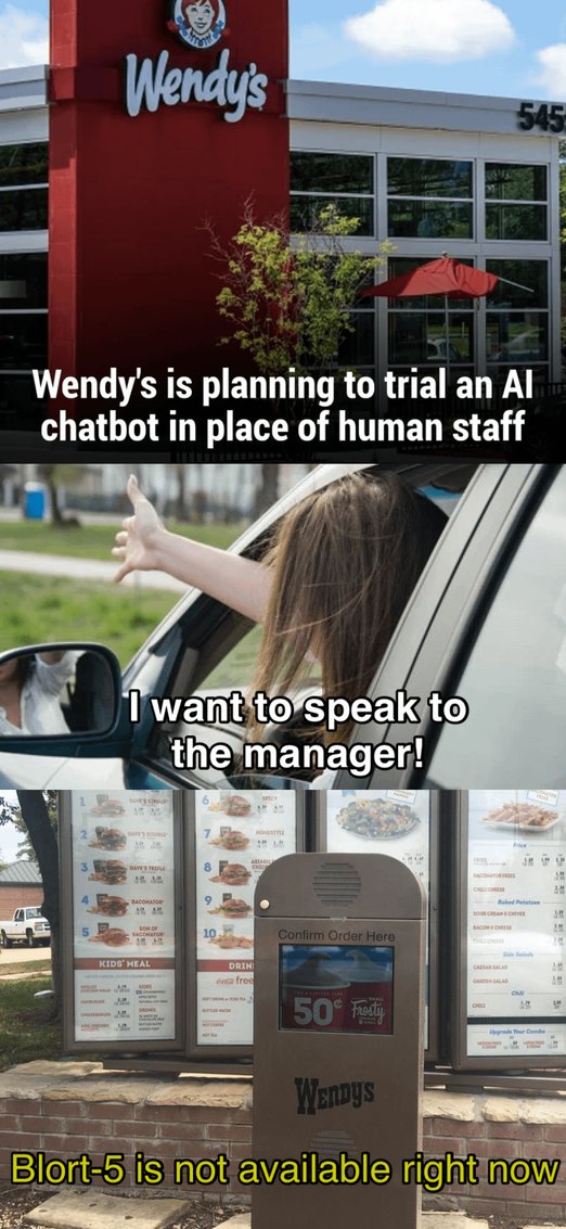 Wendy's is planning to trial an AI chatbot in place of human staff - meme