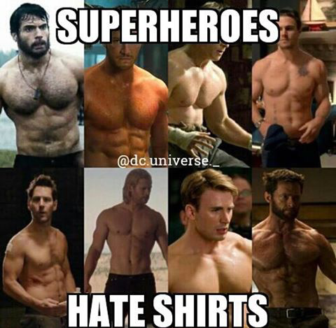 Super heróis odeiam blusas - meme