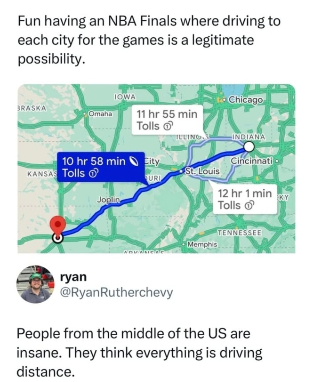 NBA Finals but make it a road trip - meme