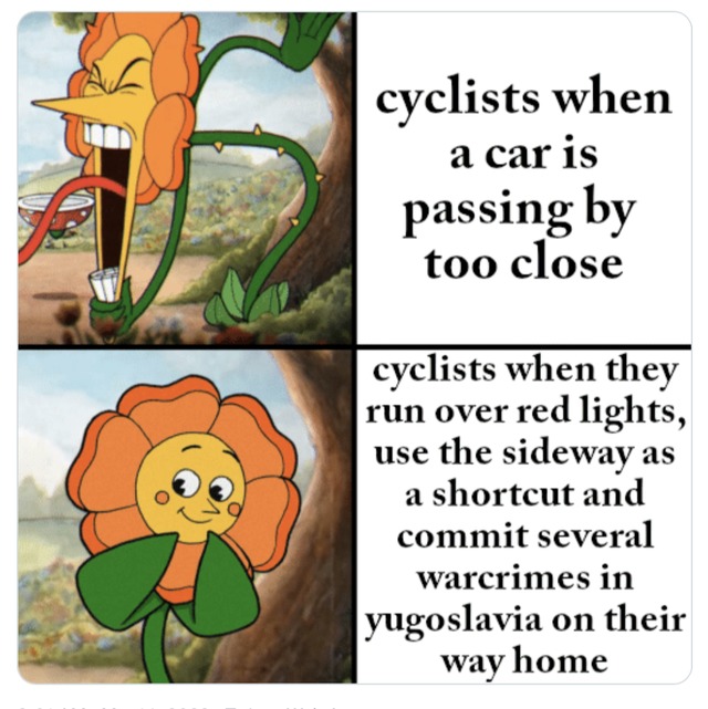 Cyclists when a car is passsing by too close - meme