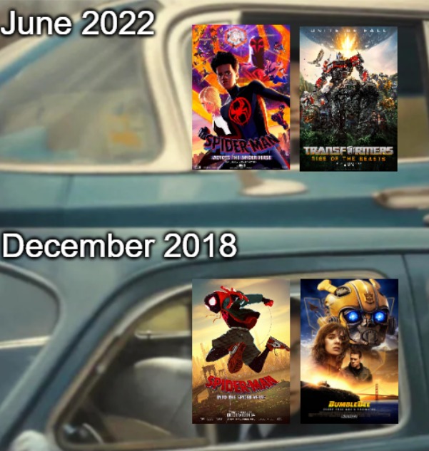 meme comparating 2018 vs 2023 and the releases of spiderman into the spiderverse and the new transformers movie