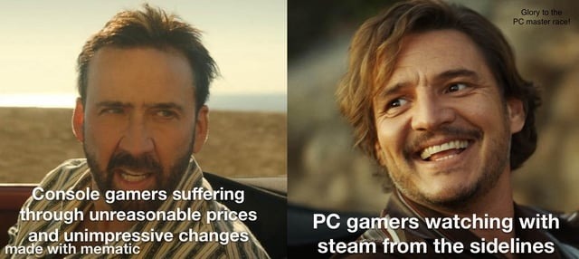 PC gamers watching console gamers suffer from the balcony - meme