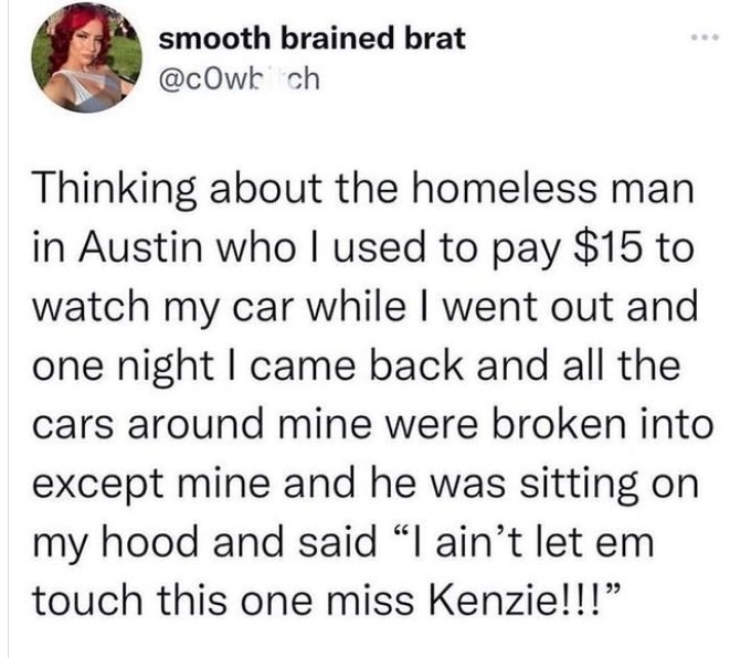 Homeless dude simping for miss kenzie - meme