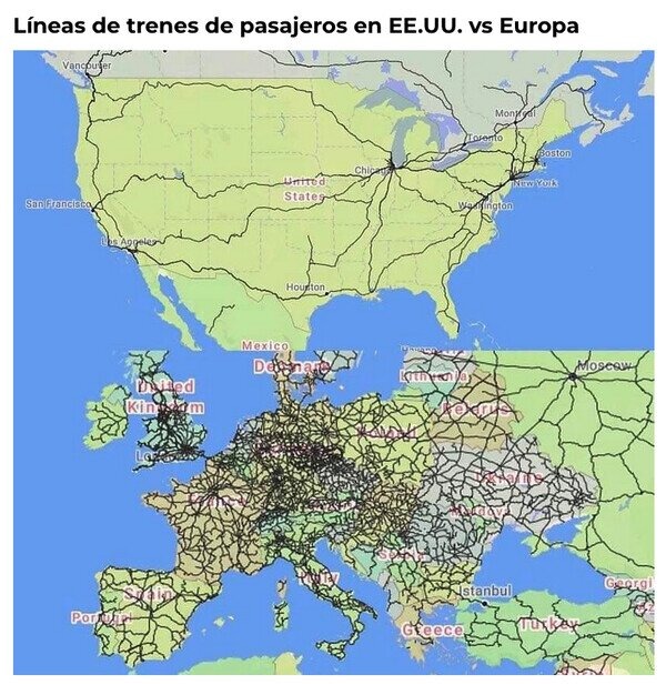 Trenes en Esados Unidos vs en Europa - meme