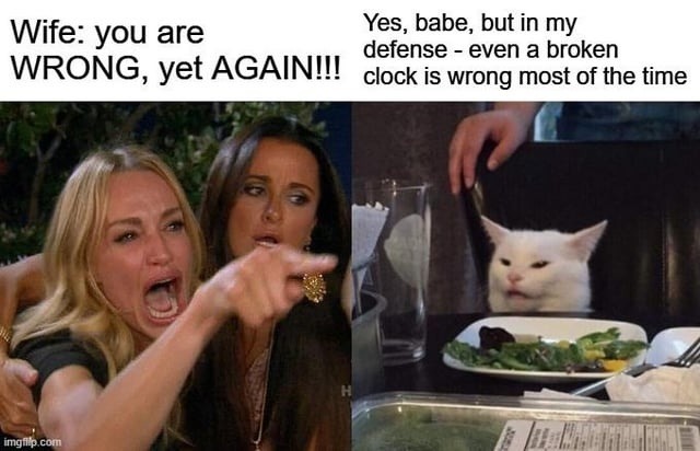 Wife using broken clock logic to roast me - meme