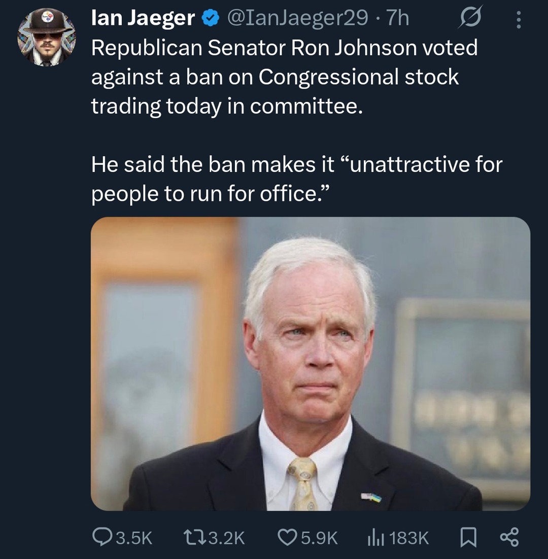 Senator says banning stock trades makes politics less sexy - meme