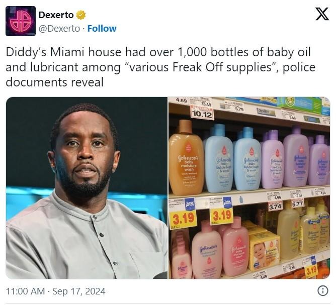 Diddy's Miami house had over 1,000 bottles of baby oil - meme