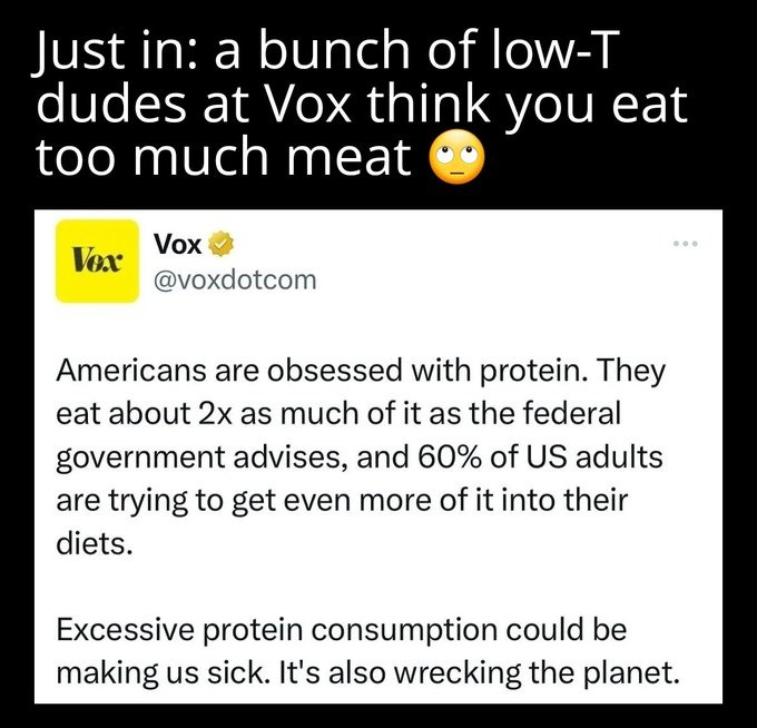 Eat meat, lift weights. Pretty much just do the opposite of whatever these dudes say, and you'll probably thrive. - meme