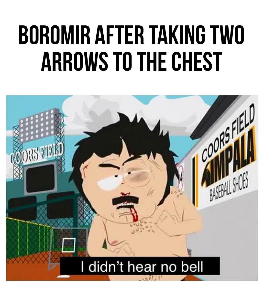 Boromir tanked two arrows like a champ and still stood up - meme