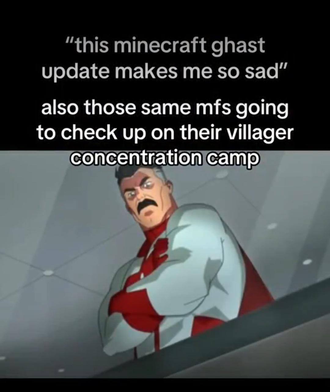 Crying over Minecraft updates while running a villager labor camp - meme