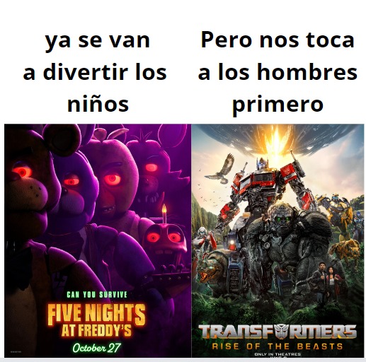 meme de transformers rise of the beasts comparado con el anuncio de la película de fnaf