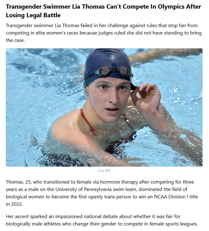 Transgender Swimmer Lia Thomas Can't Compete - meme