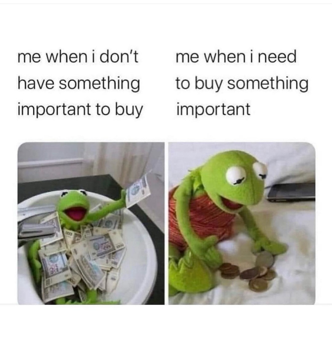 Me impulse shopping vs. Me trying to buy something essential - meme