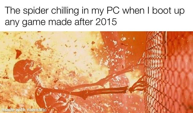 The spider chilling in my PC when I boot up any game made after 2015 - meme
