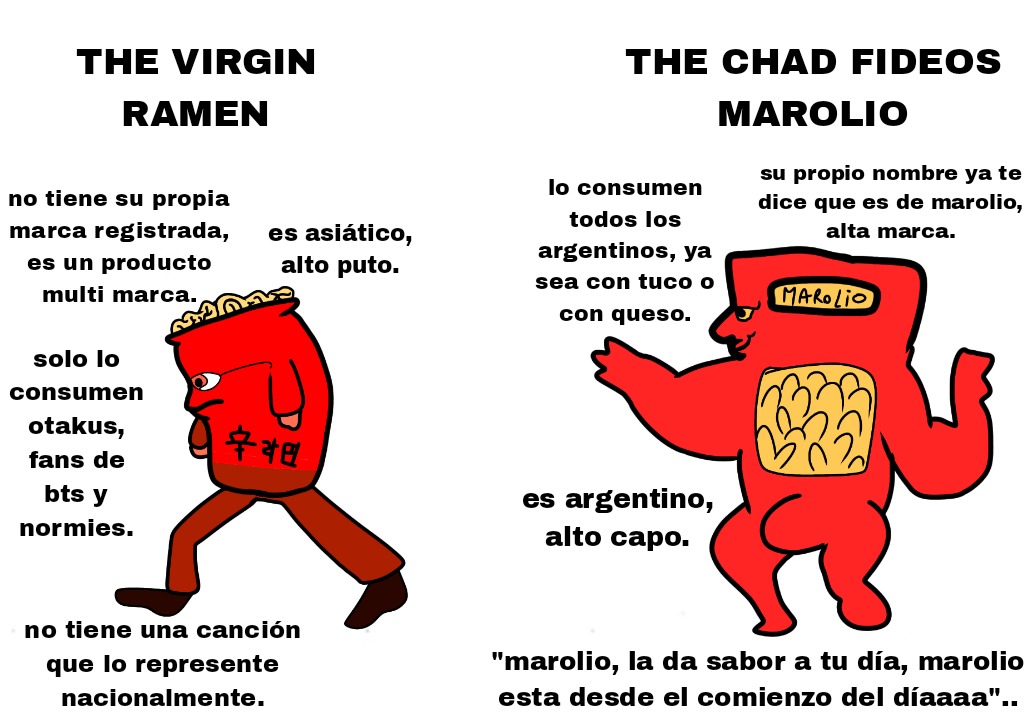 "The virgin ramen vs the chad fideos marolio" - meme